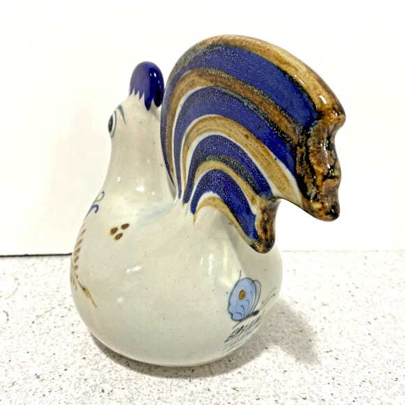 Vintage Tonala Art Pottery Chicken Bird Figure Figurine Blue Brown Green Floral - Picture 6 of 11